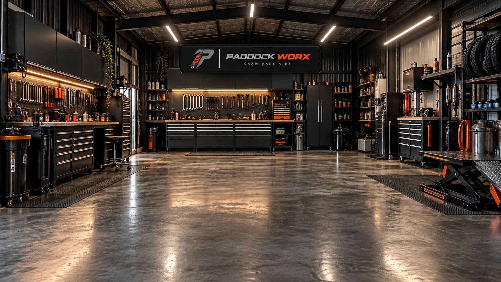 The branded Paddock Worx Garage workshop environment